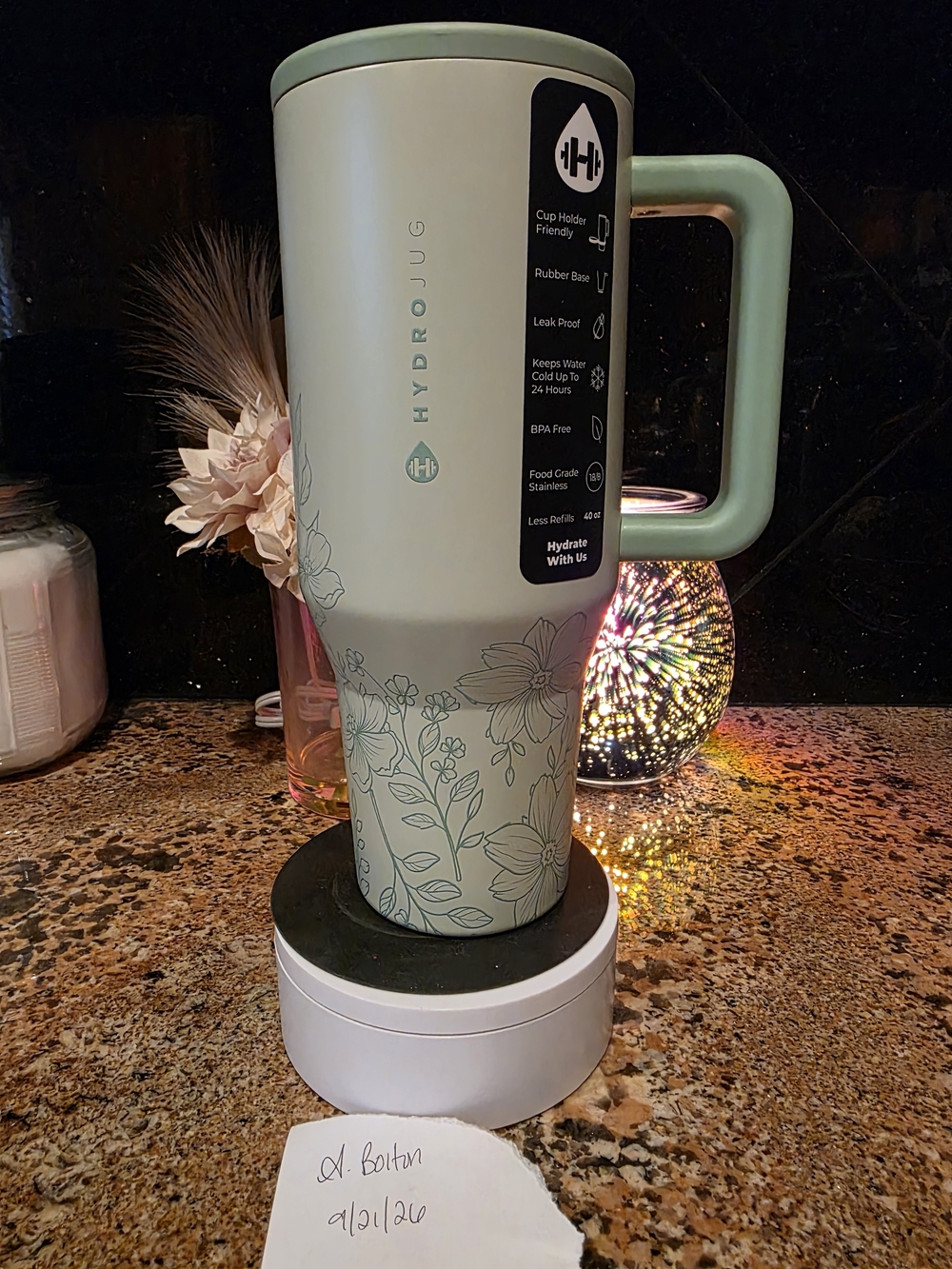 Hydrojug Fizz Mint Green Floral Insulated Water Tumbler with Handle